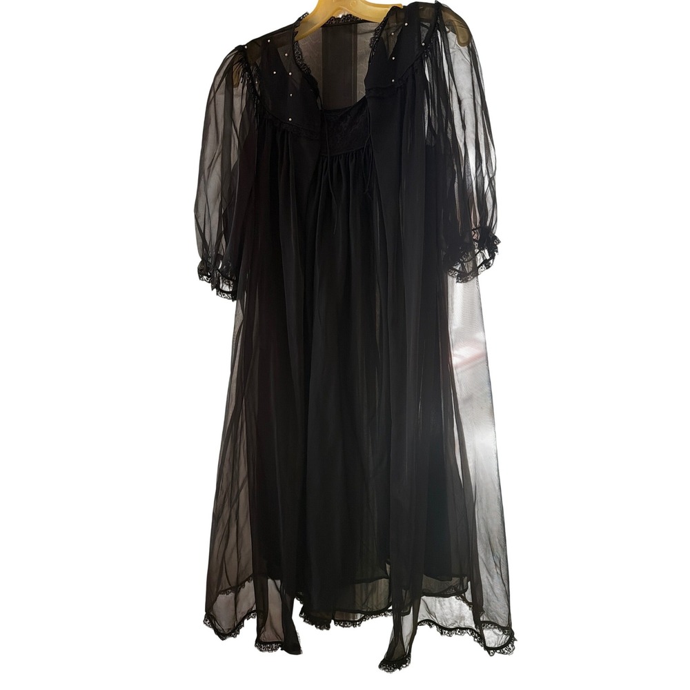 Vintage Peignoir Set Black 1960s Nylon Tricot Lace Pearl Nightgown Robe M - Picture 1 of 9